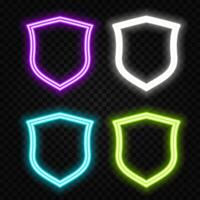 Glowing neon line shield icon isolated on brick wall background. Guard sign. Colorful outline concept. vector