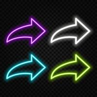Neon arrow icon. Glowing neon pointer sign, straight arrow in vivid colors. Retro navigation, arrow direction forward back down up. Icon set, sign, symbol for UI. illustration.. vector
