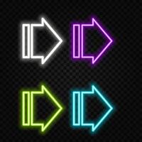 Neon right arrows colourful icons set. Realistic glowing pointers on transparent background. Location indicator for casino, bar, cinema, nightclub and motel, isolated symbol pack... vector