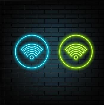 Wifi sign icon in neon style. Wi-Fi signal icon. Web network connection logo sign. Retro sign with glowing neon vector