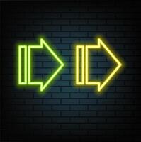 Neon arrow symbol icon. Black Background with arrow direction down. Directional sign. Flashing neon icon to the download arrow. neon arrow sign. green color. vector