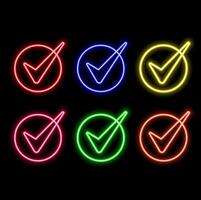 Outline neon Verified badge icon set. Glowing neon blue tick sign, approved checkmark. Verified user in social media, certified and original account, confirmed profile, verification mark. icons.. vector