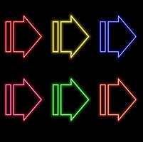 Outline bended neon arrow icon set. Glowing neon curved arrow pointer, bent arrowhead sign. Rounded arrow, turning cursor, bended navigation pointer, rotate motion direction. icon set.. vector