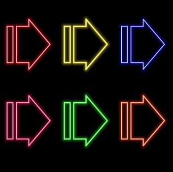 Outline bended neon arrow icon set. Glowing neon curved arrow pointer, bent arrowhead sign. Rounded arrow, turning cursor, bended navigation pointer, rotate motion direction. icon set.. vector