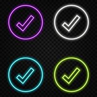 Glowing neon light Check mark icon and tick mark icon. Selected or correct symbol.. vector
