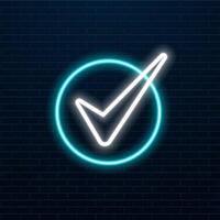 Verify check icon with bright glowing futuristic orange neon lights on black background. 3D icon, sign and symbol. Cartoon minimal style. 3D render illustration. vector