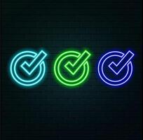 Outline neon Verified badge icon set. Glowing neon blue tick sign, approved checkmark. Verified user in social media, certified and original account, confirmed profile, verification mark. icons. vector