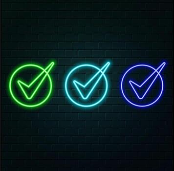 Outline neon check tick icon. Glowing neon checkmark sign, tick approve pictogram. Correct and true select, confirmation check mark, verification tick, right choice, checklist. icon set. vector