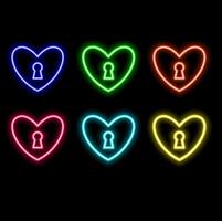 Neon glowing heart with lock icon isolated on brick wall background. Heart Attached. Love symbol and keyhole sign vector