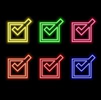 Outline neon Verified badge icon set. Glowing neon blue tick sign, approved checkmark. Verified user in social media, certified and original account, confirmed profile, verification mark. vector