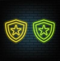 Neon frame in shield shape. template of neon border in blue and red color, creative glowing shield in outline. Modern background for design of banner and billboard, poster and cover vector