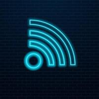 Free Wifi neon signboard on brick wall. Multicolored internet emblem for cafe and bar. Outer glowing effect poster on brick wall. Editable stroke. stock illustration vector