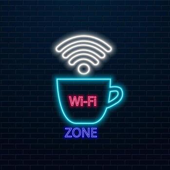 Set of Wifi neon signs. Wireless internet logo. Text with colorful glowing effect. Eps10 vector