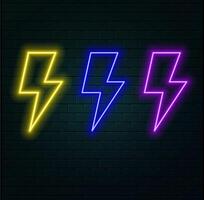 Neon sign of lightning signboard on the red background. illustration. vector