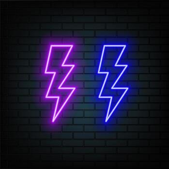 Lightning bolt, electric power, simple icon. Orange neon style on black background. Light linear icon with editable stroke vector
