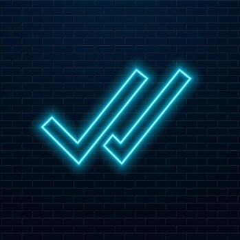 A bright blue check mark inside a circle, illuminated on a dark background, symbolizing approval, confirmation or success. 3D icon, sign and symbol. 3D rendering illustration vector