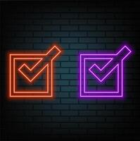 Verify check icon with bright glowing futuristic orange neon lights on black background. 3D icon, sign and symbol. Cartoon minimal style. 3D render illustration.style neon. vector