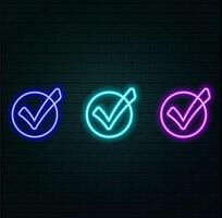 Check mark icon neon electrical line glowing red color sign 4k illustration. neon light animation glowing check mark icon and tick mark icon isolated.... vector