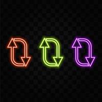 Neon arrow signs, isolated realistic glowing web icons in various shapes. glowing pointers, next page and reload symbols for UI and user experience. vector