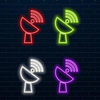 Neon wireless tower on black. Antenna tower icons collection, radio tower icon, transmitter icon. Cell phone tower icon. Cell phone antenna line, cell phone signal, or wireless radio line icon. vector