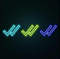 Check line icon. Neon laser lights. Approved Tick sign. Confirm, Done or Accept symbol. Glow laser speech bubble. Neon lights chat bubble. Banner badge with verify icon... vector