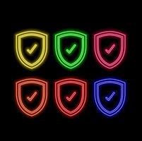 Neon light glow effect. Check mark line icon. Accepted or Approve sign. Tick shield symbol. 3d line neon glow icon. Brick wall banner. Confirmed outline. vector