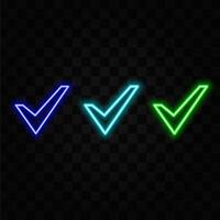 Check mark in neon style Purple tick check mark Retro sign with glowing neon illustration. green color. neon icon. vector