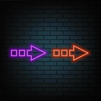 3d rendering, abstract minimalist geometric background. Neon arrow turning right, glowing in the dark. Linear direction symbol. vector