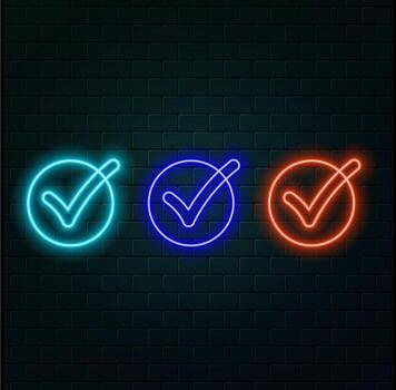 Glowing Red checkmark neon icon symbol isolated.Tick symbol in green color, illustration. Success symbol for website computer and mobile. vector