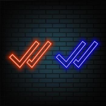 Neon light glow effect. Check line icon. Approved Tick sign. Confirm, Done or Accept symbol. 3d line neon glow icon. Brick wall banner. Verify outline. vector
