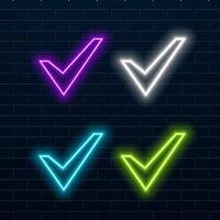 Neon purple check mark inside a circle on a black background vector