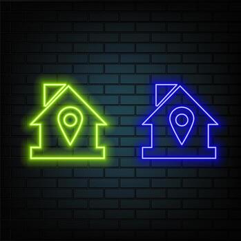 Outline neon flag icon. Glowing neon checkbox sign, flag pictogram in vivid colors. Pennant, start and finish, destination, map mark and location pointer. icon set, symbol. vector