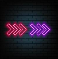 Neon arrow signs set. Bright arrow pointer symbols on brick wall background. Collection of colorful neon arrows, web icons. Banner design, bright advertising signboard elements.. vector