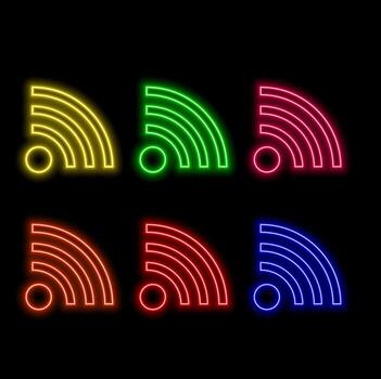 3d wifi neon light symbol technology effect. Abstract wireless wave sign glow icon. Sound scan echolocation line concept. Futuristic radial mobile phone spot disc. Concentric sonar antenna vector