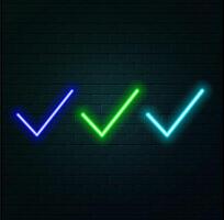 Neon light glow effect. Check line icon. Approved Tick sign. Confirm, Done or Accept symbol. 3d line neon glow icon. Brick wall banner. Verify vector
