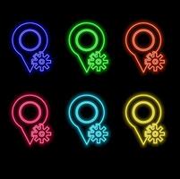 Glowing neon line location with gear icon isolated on black background. vector