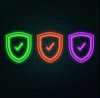 Neon light speech bubble. Check mark line icon. Accepted or Approve sign. Tick shield symbol. Neon light background. Confirmed glow line. Brick wall banner vector
