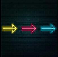 Neon arrow pointing at a black background on a glossy floor... vector