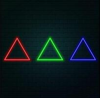 Neon double rounded triangle frame with shining effects on purple background. Empty glowing techno backdrop. illustration vector