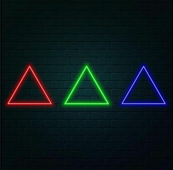 Neon double rounded triangle frame with shining effects on purple background. Empty glowing techno backdrop. illustration vector