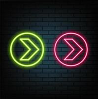 Web Neon Right Arrows colorful icons set. Realistic glowing pointers on transparent background. Location indicator for casino, bar, cinema, night club. vector