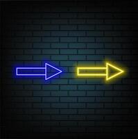 Neon right arrows colourful icons set. Realistic glowing pointers on transparent background. Location indicator for casino, bar, cinema, nightclub and motel, isolated symbol pack. style neon.. vector