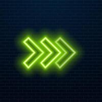 Neon arrow icon. Glowing neon motion sign, outline arrow pointer silhouette in vivid colors. Arrowhead and cursor navigation, movement direction, motion way. icon set, sign, symbol. green color. vector