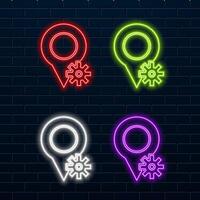 Glowing neon location with gear icon isolated on brick wall background. vector