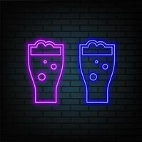 Beer mug with foam, set of flat design, outline style and with neon effect on blue brick wall background. illustration vector