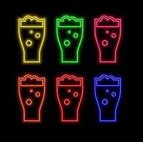 Mugs and glasses with neon beer set. Glowing yellow cup with refreshing drink with bubbles and white foam. Electric beer pub emblem for colorful design vector