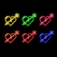 Set of red neon broken hearts isolated on dark background. Line hearts with glowing backlight effect. Luminous illustration for Valentines day. vector