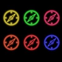 3D realistic location GPS map pin. Neon geo location pin icon in four different colors isolated on black background. Neon location map pin pointer. vector