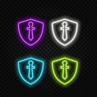 Set of bright neon shields icons of different colors. Glowing linear shield signs. Illustration vector