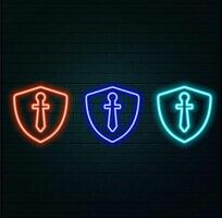 shield neon sign, modern glowing banner design, colorful modern design trends on black background. orange color neon. vector